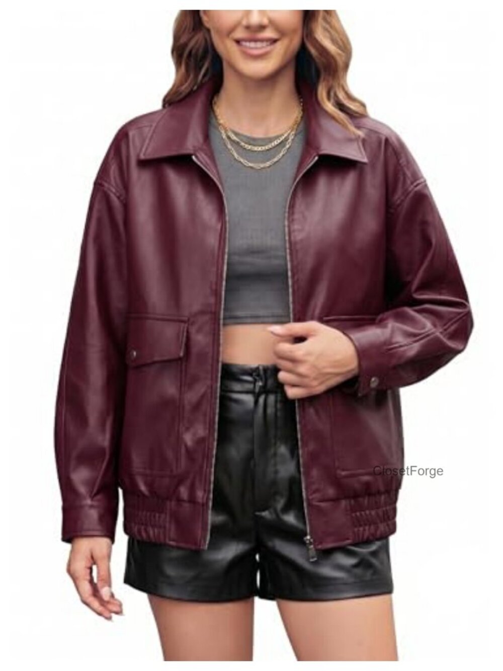 Faux Leather Motorcycle Jacket Oversized Biker with Pockets